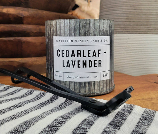 12 oz. Rustic Galvanized Tin Candle: Cedarleaf + Lavender - Earthy cedar and sweet mellow lavender.