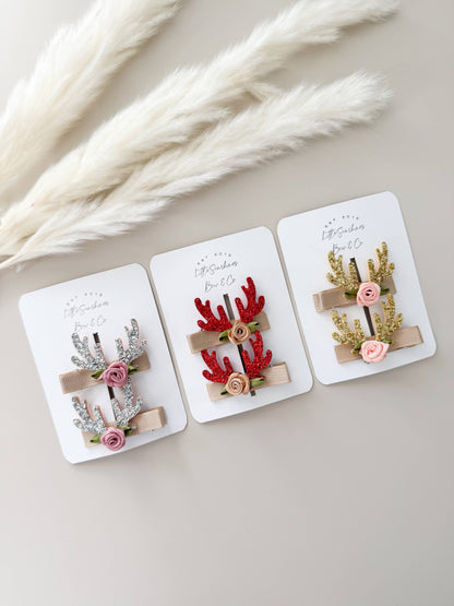 Glitter Antler & Satin Flower Hair Clips- Set of 2 : Red Antler Set