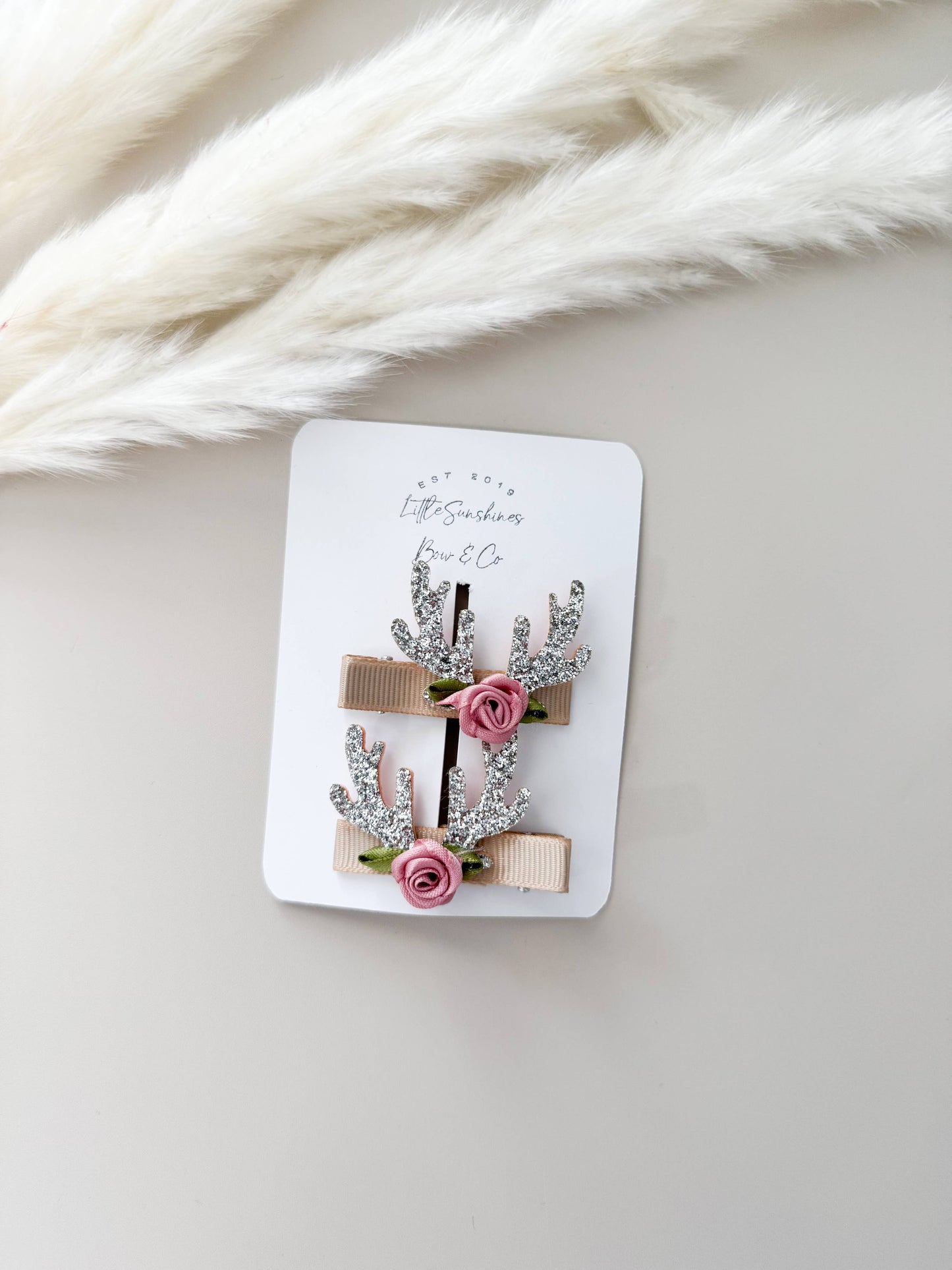 Glitter Antler & Satin Flower Hair Clips- Set of 2 : Red Antler Set