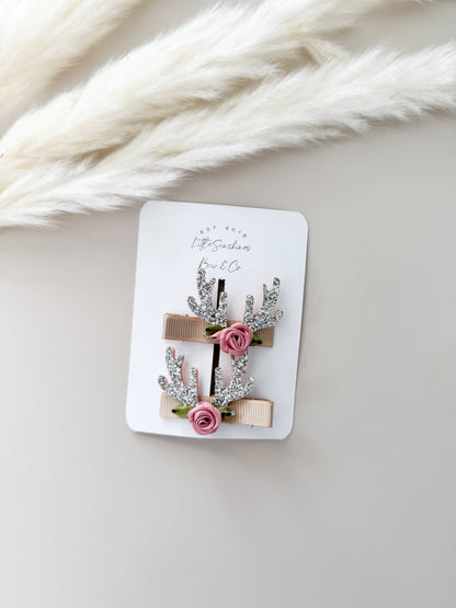 Glitter Antler & Satin Flower Hair Clips- Set of 2 : Red Antler Set