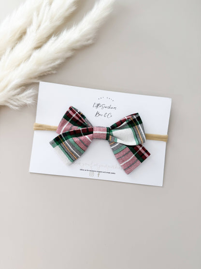 Red, Green & White Plaid Christmas Pinwheel Hair Bow : Nylon Headband