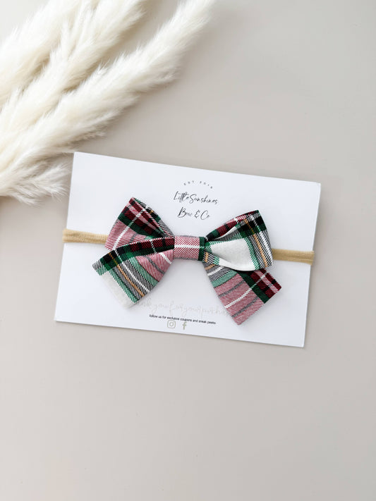 Red, Green & White Plaid Christmas Pinwheel Hair Bow : Nylon Headband