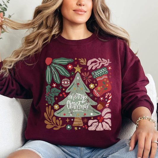 Merry Christmas, Green Floral, Flowers, Xmas Sweatshirt