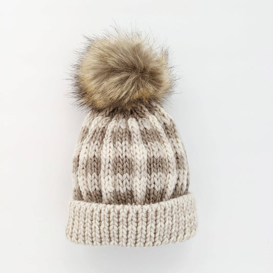 Pebble Brown Buffalo Check Pom Pom Beanie Hat Baby & Kids: L (2-6 years)