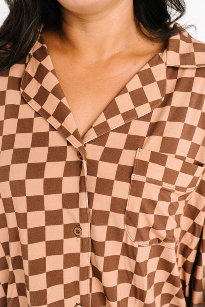 Espresso Checkered Women's Button Up Long Sleeve Set