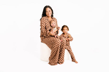 Espresso Checkered Women's Button Up Long Sleeve Set