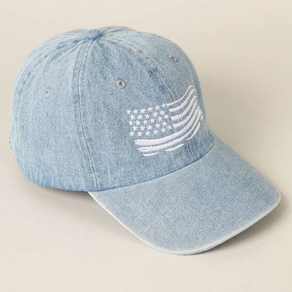 USA Flag Embroidered Denim Cotton Baseball Cap: ONE SIZE / LT BLUE