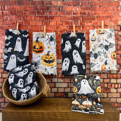 Scary Fall Pumpkins With Ghosts Halloween Waffle Tea Towels