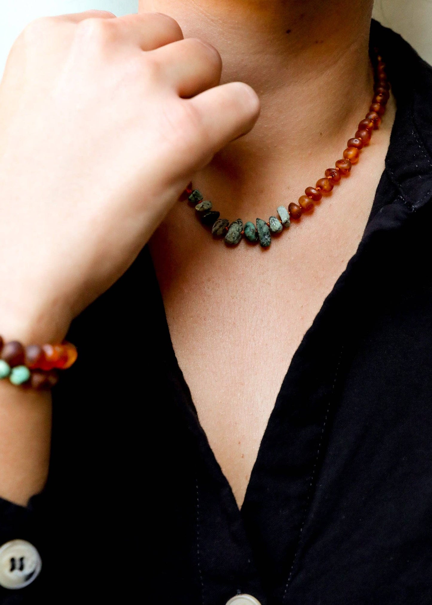 Raw Cognac Baltic Amber + Raw Turquoise Jasper || Necklace: