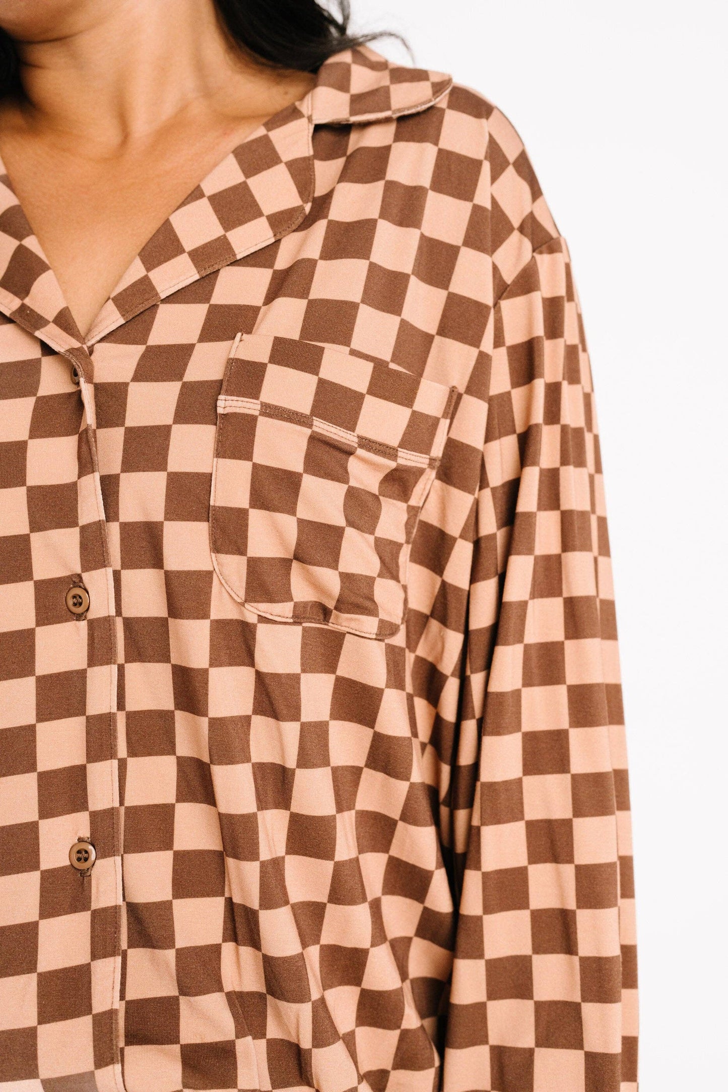 Espresso Checkered Women's Button Up Long Sleeve Set
