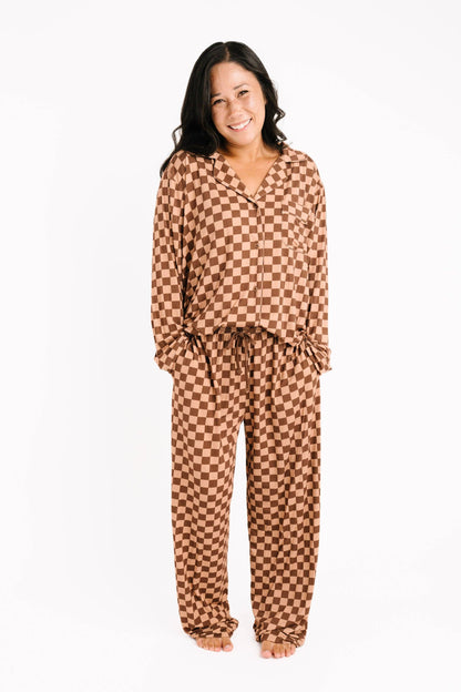 Espresso Checkered Women's Button Up Long Sleeve Set
