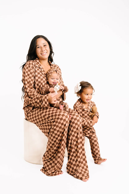 Espresso Checkered Women's Button Up Long Sleeve Set