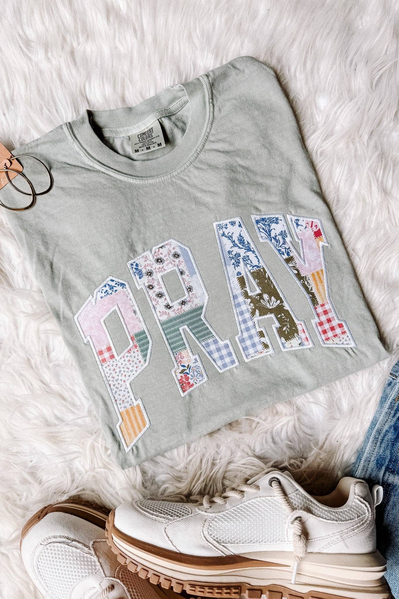 PRAY Patchwork Appliqué Graphic - Bay T Shirt