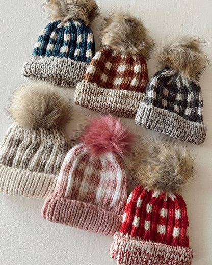 Pebble Brown Buffalo Check Pom Pom Beanie Hat Baby & Kids: L (2-6 years)
