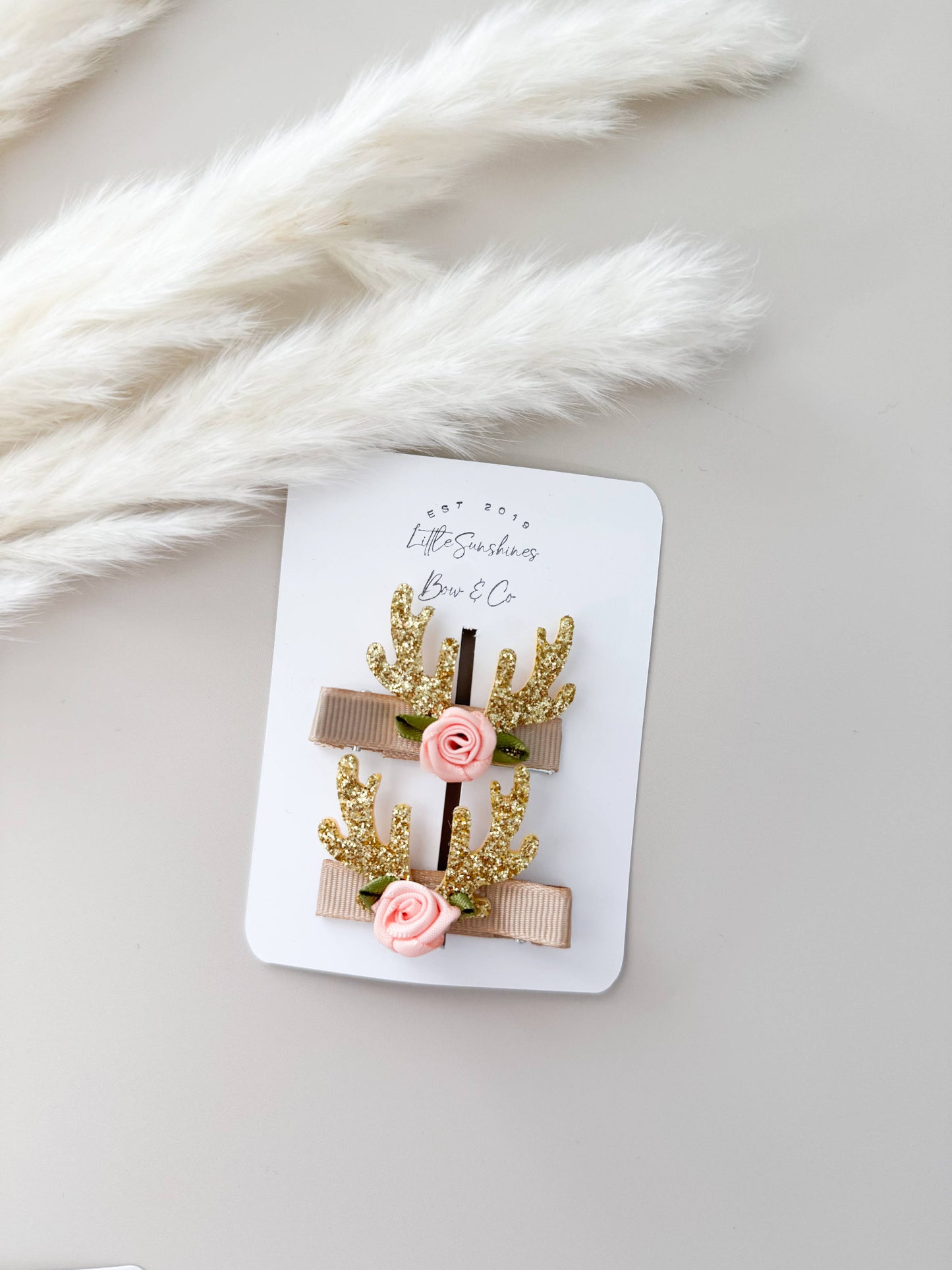 Glitter Antler & Satin Flower Hair Clips- Set of 2 : Red Antler Set