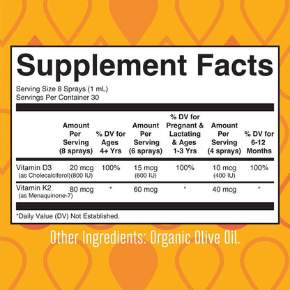 Organic Vitamin D3 + K2 Liquid Spray, Vegan, Supplement