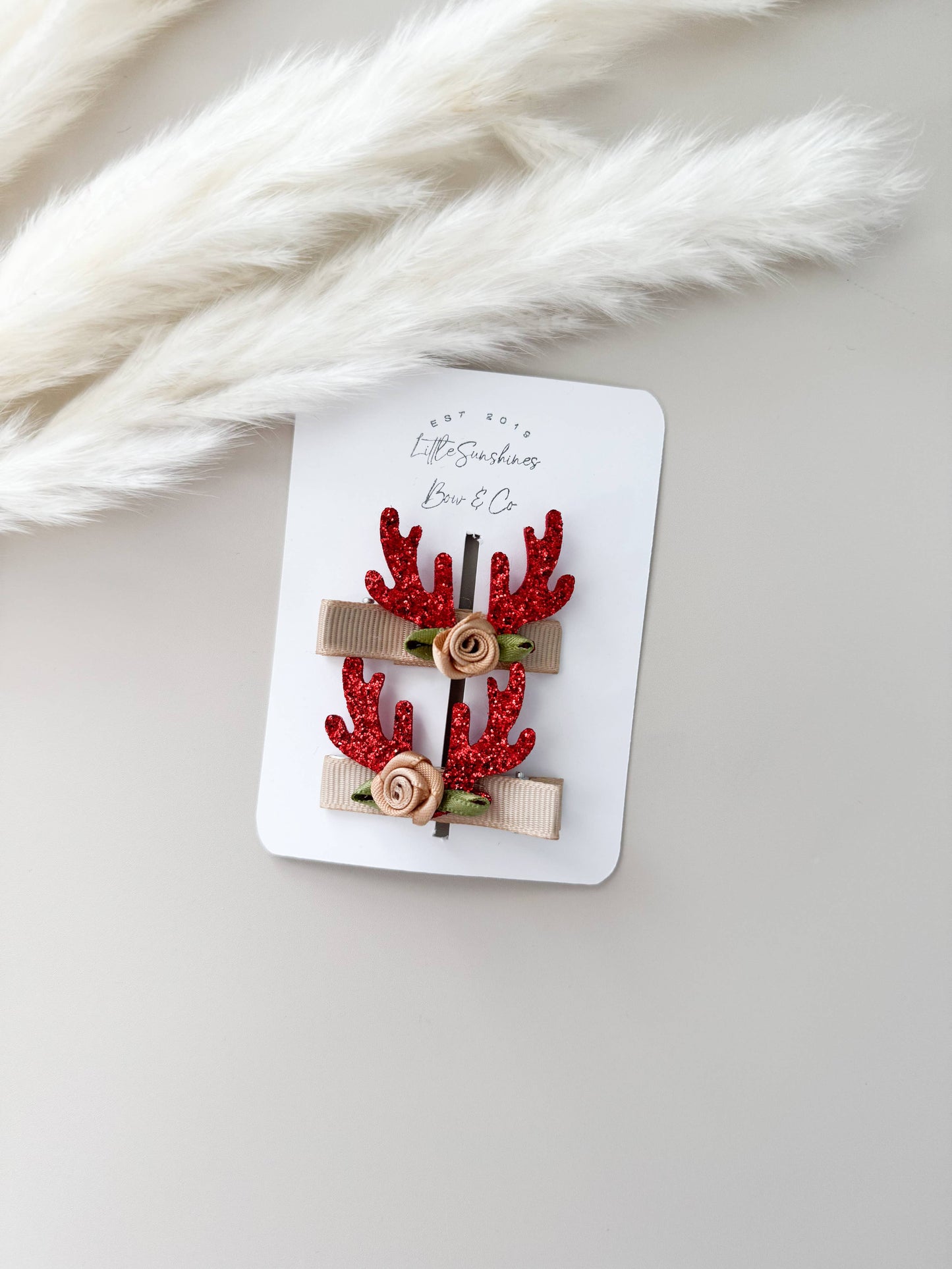 Glitter Antler & Satin Flower Hair Clips- Set of 2 : Red Antler Set
