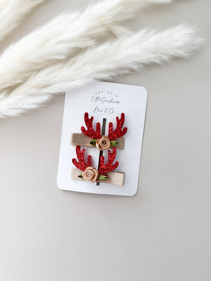 Glitter Antler & Satin Flower Hair Clips- Set of 2 : Red Antler Set