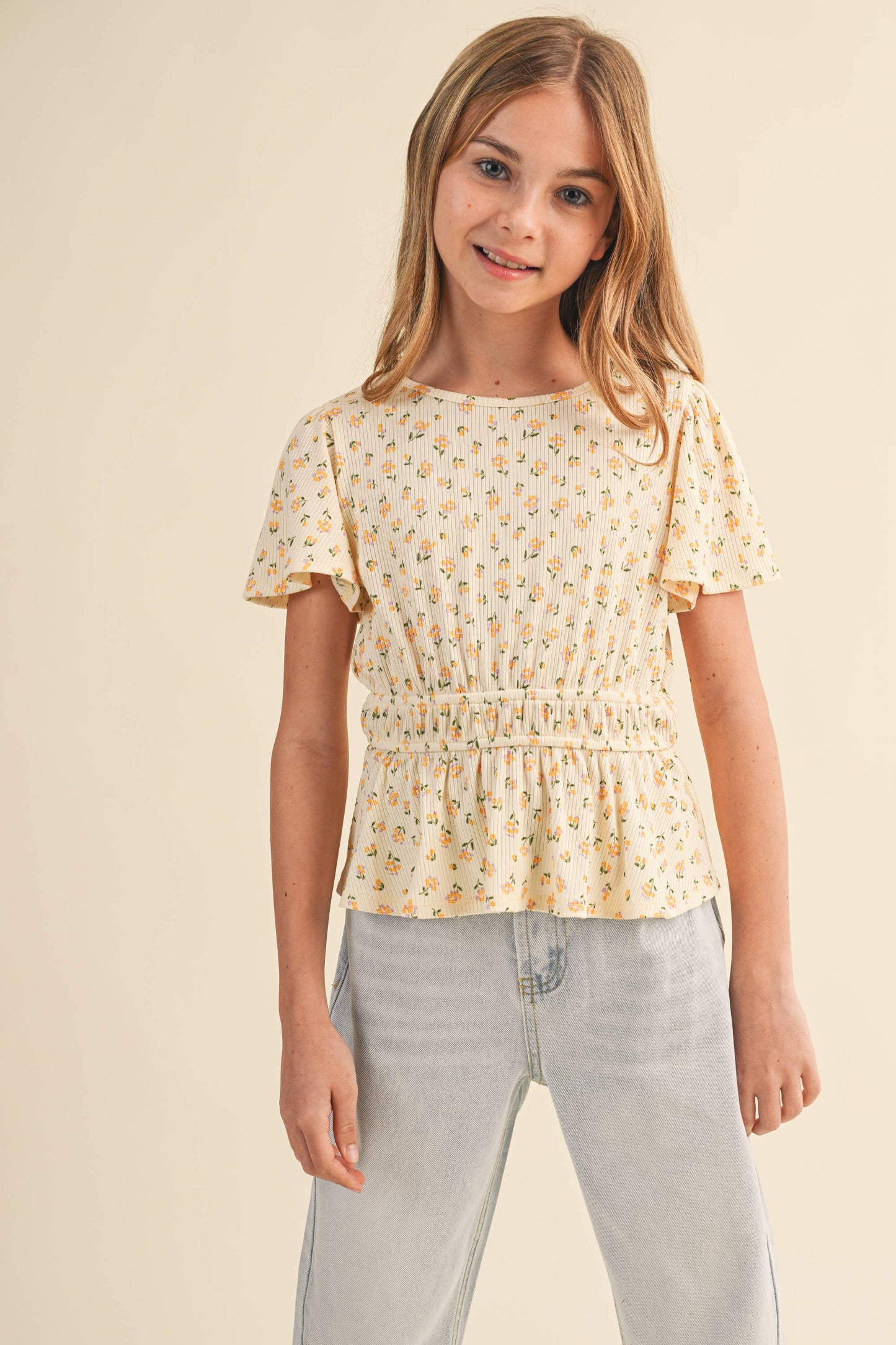 TWEEN KIDS GIRLS ROUND NECK FLUTTER SLV PEPLUM TOP