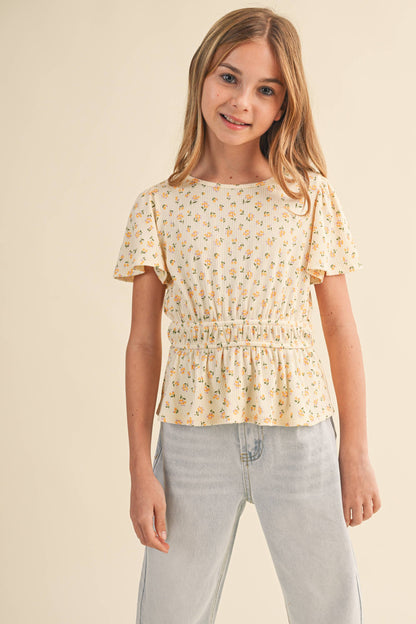 TWEEN KIDS GIRLS ROUND NECK FLUTTER SLV PEPLUM TOP