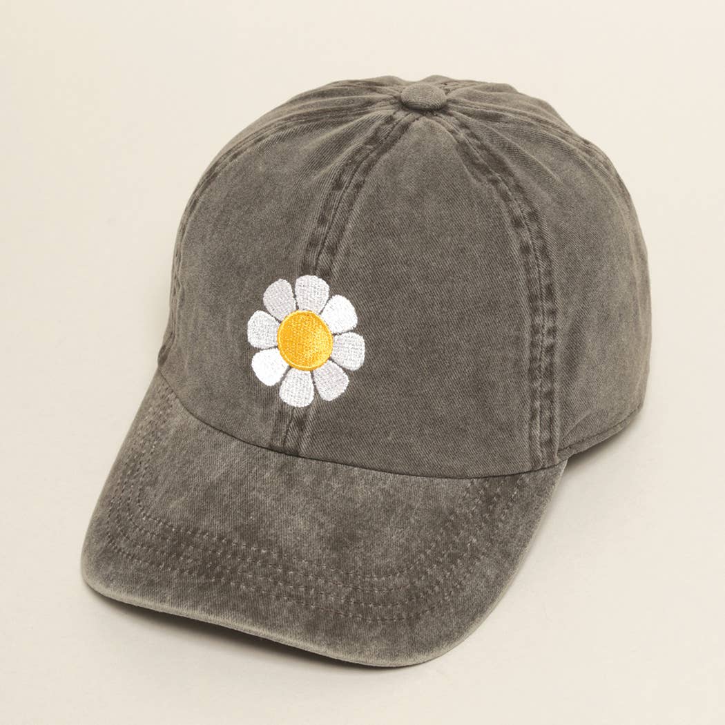 Flower Embroidered Cotton Baseball Dad Cap: One Size / BLACK